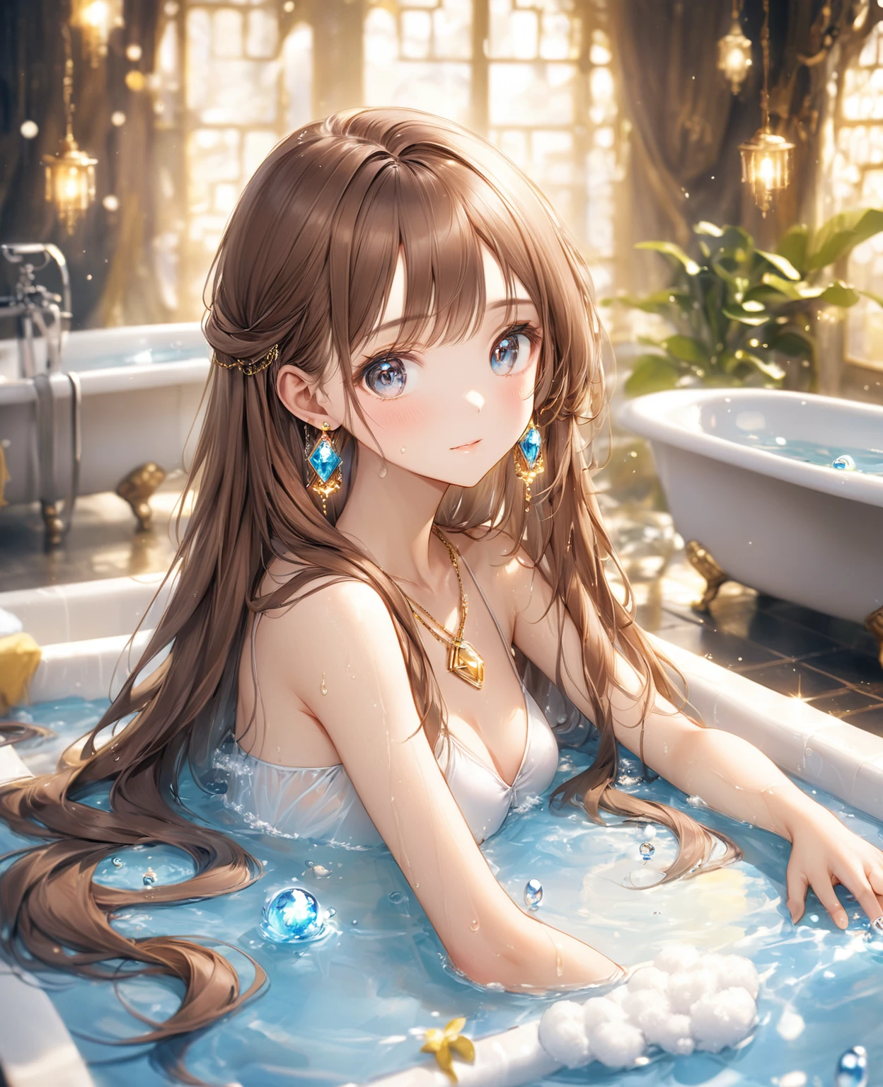 (Highest quality,8k,32K,masterpiece,Ultra-high resolution :1.2 ),born,One girl,Super cute,Natural light,Clear, shining eyes,20-year-old,Fair skin,Bath-like electronic world fantasy background,The noble earrings are shining,The noble necklace shines,Brown Hair,Long Hair,Long Straight Hair,Swimwear,There is foam on the body,Body soap,shampoo