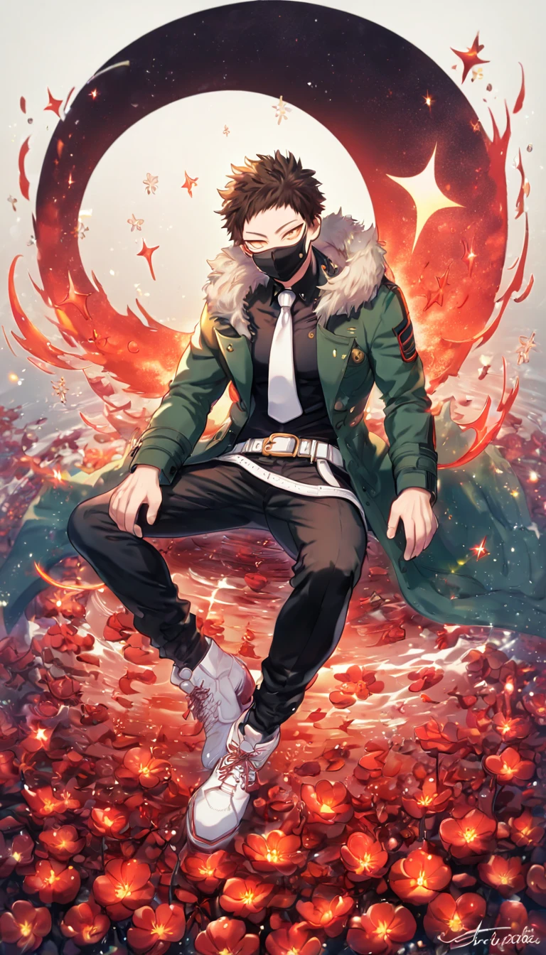 absurdres, highres, ultra detailed, HDR, master piece, Overhaul, dark brown hair, short hair, short bangs, expressive yellow eyes, long eyelashes, green coat with a fur collar, black shirt, white necktie, black surgical mask, black pants, white belt, white shoes, Boku No Hero Academia, sexy man sitting, handsome, best quality, red glittering crescent moon, red flowers, fantasy, magical, solo, water, red shining fireflies, red petals, sensual