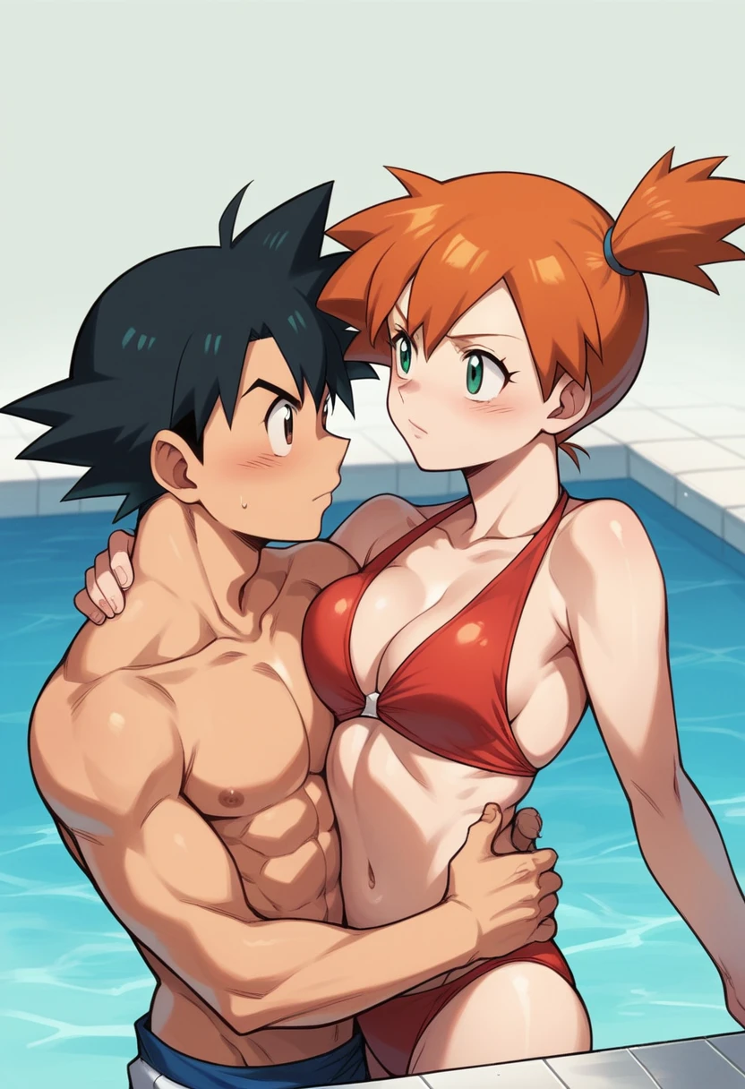 1boy, ash ketchum, black hair, brown eyes, hair between eyes, ash ketchum, on a pool, shirtless, male swimwear, handsome boy, macho, good looking boy 1girl, misty pokemon, orange hair, green eyes, on a pool, swimsuit, bikini, pretty, beautiful girl photograph of a 18 years old couple, they're showing off their love and affection for each other, they're caressing, intimacy, erotic moment