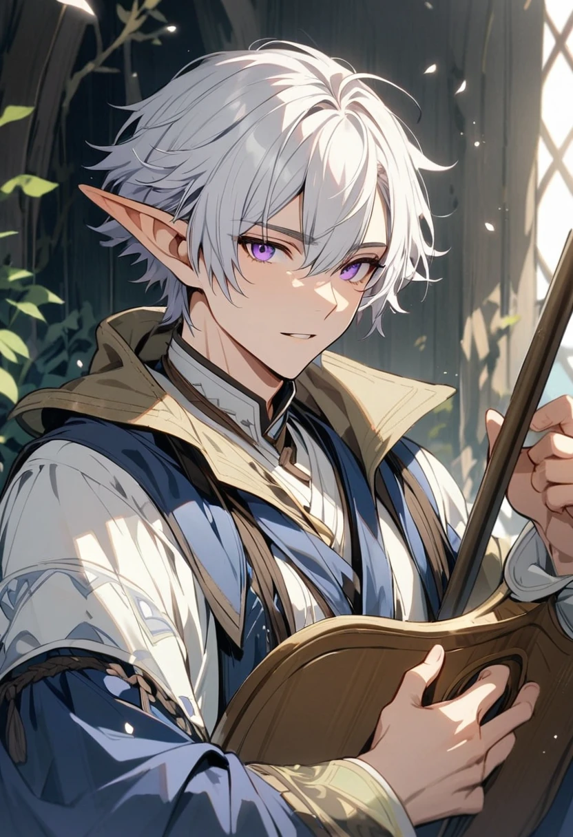 solo, handsome, 1 male, short hair, white hair, purple eyes, white shirt, blue robe, bard, elf