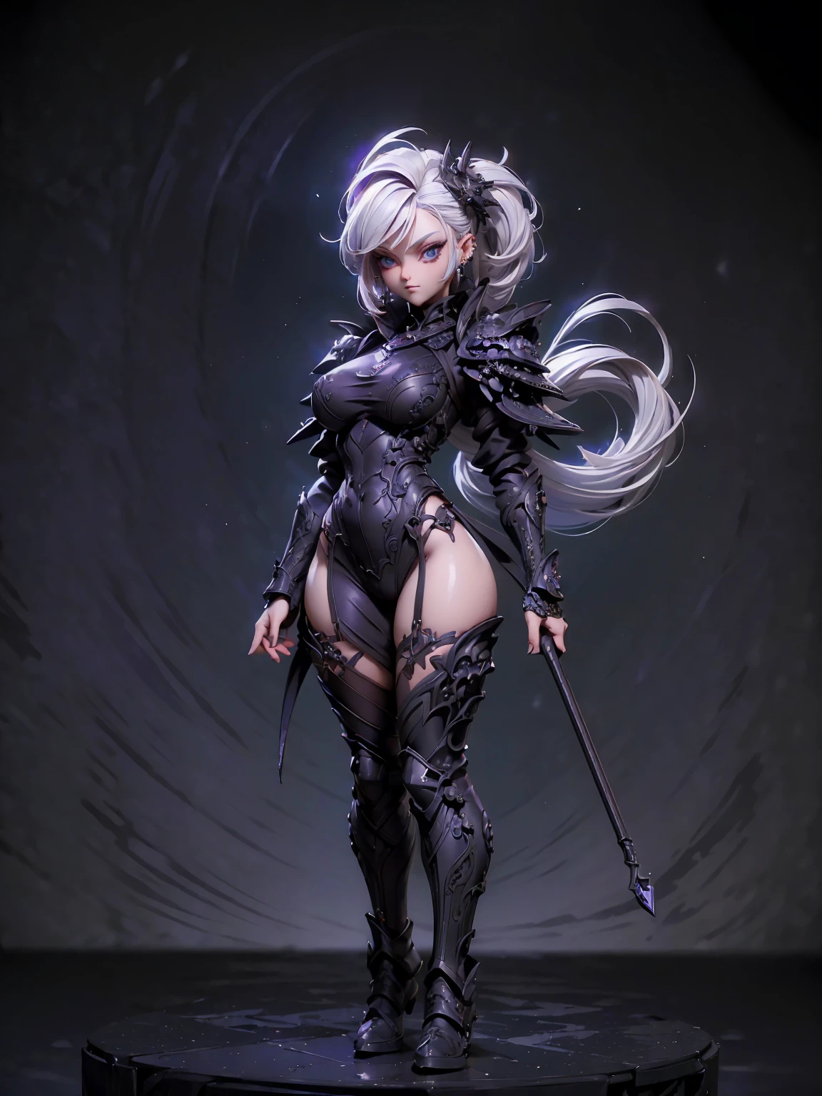 (((masterpiece, best quality, high detailed, 16k))) (1girl) A breathtakingly beautiful young girl with short stylish white hair and piercing eyes. She wears a demonic armor in purple black and white. wields a large stylized scythe. ((full body front view)), (extremely detailed:1.5)