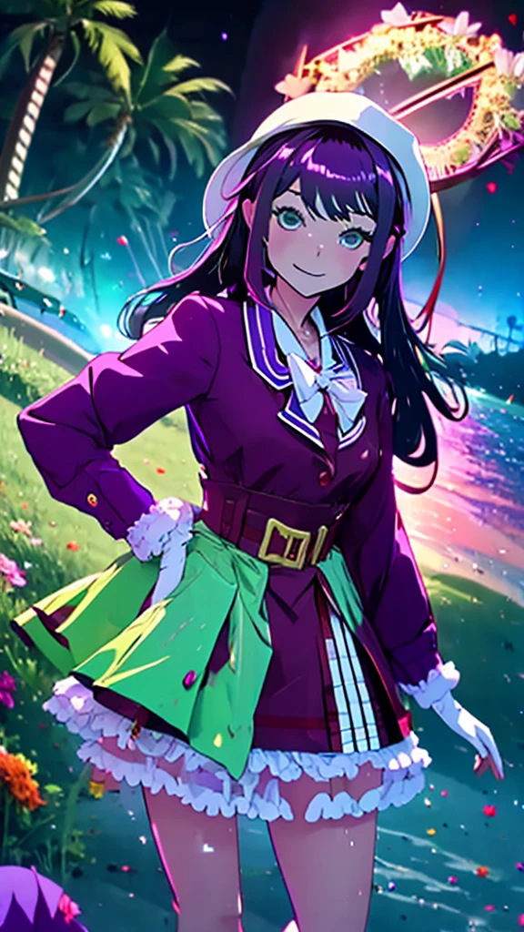 masterpiece, Highest quality, Mouse Egret, Purple hat, Hair Clip, Green ribbon, Purple Jacket, White gloves, belt, Purple Mini Skirt, Upper Body, blush, smile, View your viewers, Beach, night, moon, firework, Place your hand on your chest