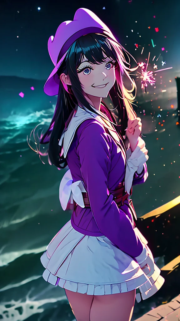 masterpiece, Highest quality, Mouse Egret, Purple hat, Hair Clip, Green ribbon, Purple Jacket, White gloves, belt, Purple Mini Skirt, Upper Body, blush, smile, View your viewers, Beach, night, moon, firework, Place your hand on your chest