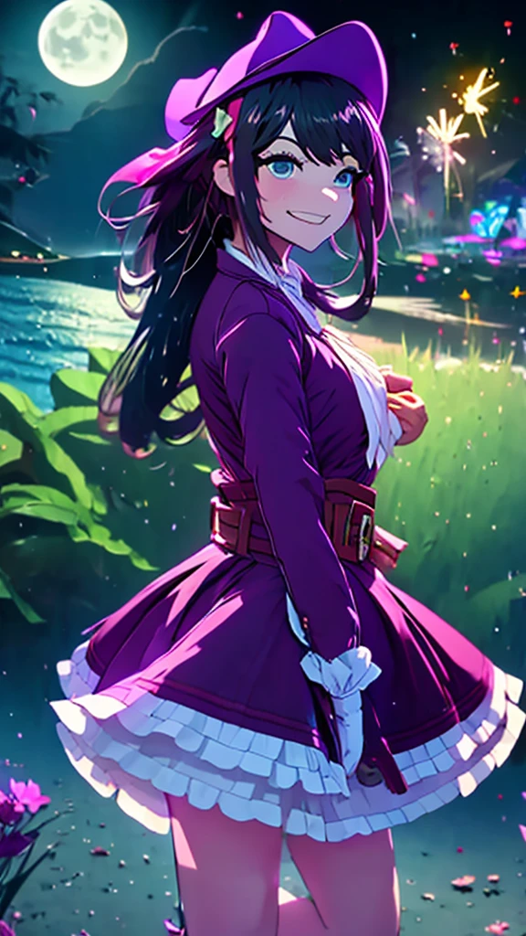 masterpiece, Highest quality, Mouse Egret, Purple hat, Hair Clip, Green ribbon, Purple Jacket, White gloves, belt, Purple Mini Skirt, Upper Body, blush, smile, View your viewers, Beach, night, moon, firework, Place your hand on your chest