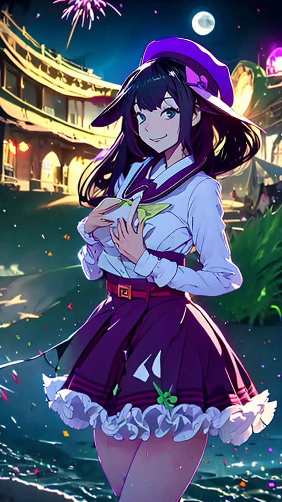 masterpiece, Highest quality, Mouse Egret, Purple hat, Hair Clip, Green ribbon, Purple Jacket, White gloves, belt, Purple Mini Skirt, Upper Body, blush, smile, View your viewers, Beach, night, moon, firework, Place your hand on your chest