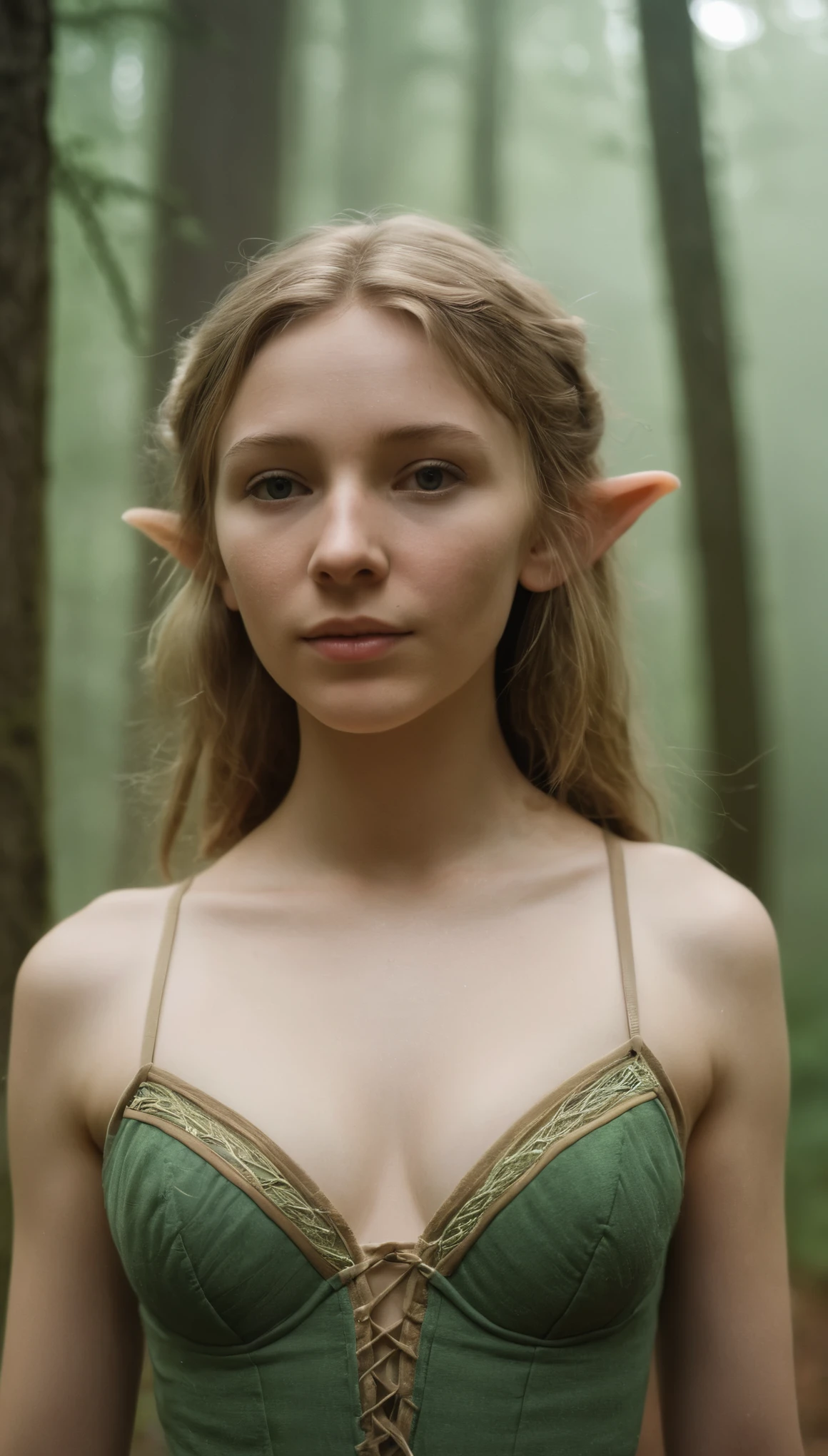 analog film photo, photo of a young elf girl, 18 years-old, elf, elf ears, long pointy ears, long shaggy hair, light-brown sun-tanned skin, goosebumps, pretty, natural beauty, tall, full hourglass figure, curvaceous and toned, humongous butt, fat ass, busty, wearing a cotton bralette, posing in a misty forest, resembles a young Cate Blanchett, RAW Photograph, dslr, soft lighting, high quality, film grain, Fujifilm XT3, detailed skin with visible pores, insane details, masterpiece, 8k, 35mm photograph, dslr, kodachrome, faded film, desaturated, grainy, vintage, Lomography, stained, highly detailed, found footage, close-up shot, elven ears