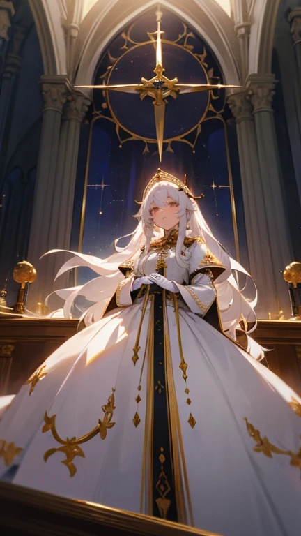 In front of the altar of a majestic church、casting judgement with magic, her voice echoing beautifully. Magic gathers around her, enveloping her in a holy aura as she chants, girl with long white hair, Classic White Wedding Dresses、long white embroidered gloves, ceremonial robes, mass vestments, , enormous puffy sleeves, long cuffs with many buttons, golden embroidery, cross details, Long Train, lots of frills and lace, red capes, gently