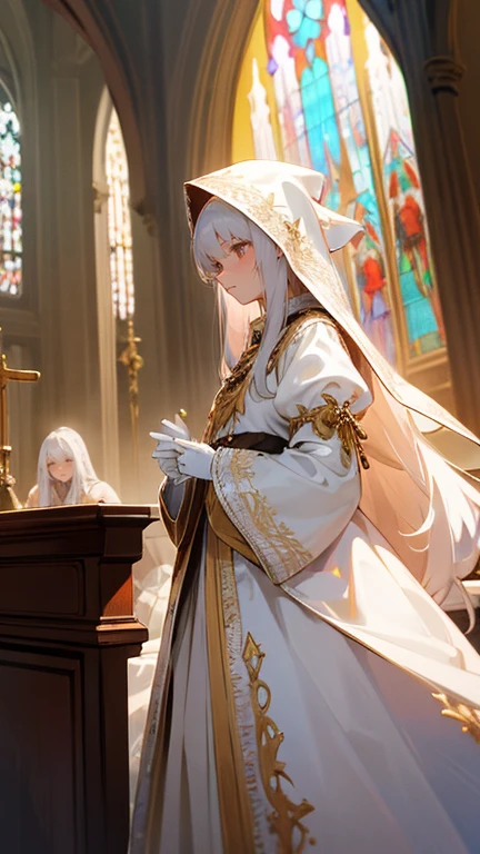 In front of the altar of a majestic church、casting judgement with magic, her voice echoing beautifully. Magic gathers around her, enveloping her in a holy aura as she chants, girl with long white hair, Classic White Wedding Dresses、long white embroidered gloves, ceremonial robes, mass vestments, , enormous puffy sleeves, long cuffs with many buttons, golden embroidery, cross details, Long Train, lots of frills and lace, red capes, gently