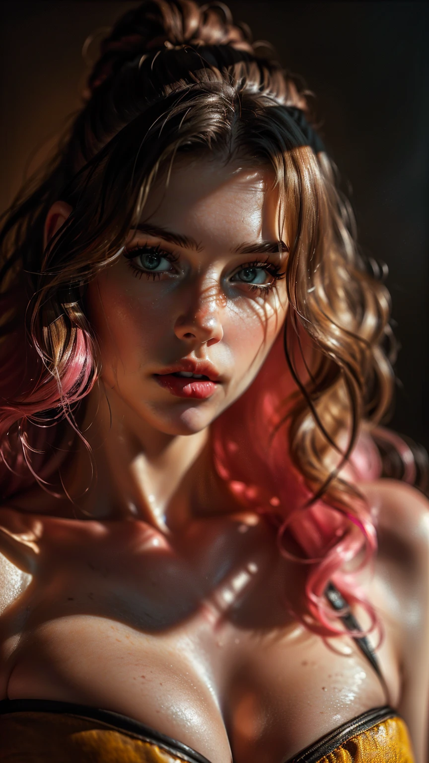 (((ultra realistic))) Photo, masterpiece, top quality, (pale skin), (Ultra detailed face and eyes:1.3), 1 girl, Adult, In Lifchik, ((Eye makeup, pink mascara)), ((large detailed lips)), ((pink wavy hair)), ((Stylish hairstyle)) , (Natural breasts), Slim waist. ((Posing, Hand on face)), photoshoot, Studio soft lighting, (The play of light and shadows), depth of field, bokeh, (special attention to skin detail: 1.2), Detailed leather texture, skin pores. (Warm atmosphere of the frame. color scheme - black, Yellow, Tones), ((Grunge style)) , UDR, ((Film grain)), ((rays)), (Glare), ((waist up portrait, close to the camera)) , ultra detailed, perfecteyes, priestess clothes