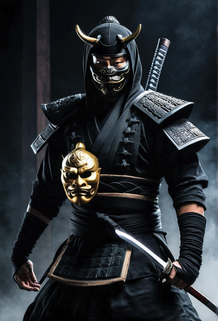 A ninja with a Japanese oni mask, with a black outfit, Ominously