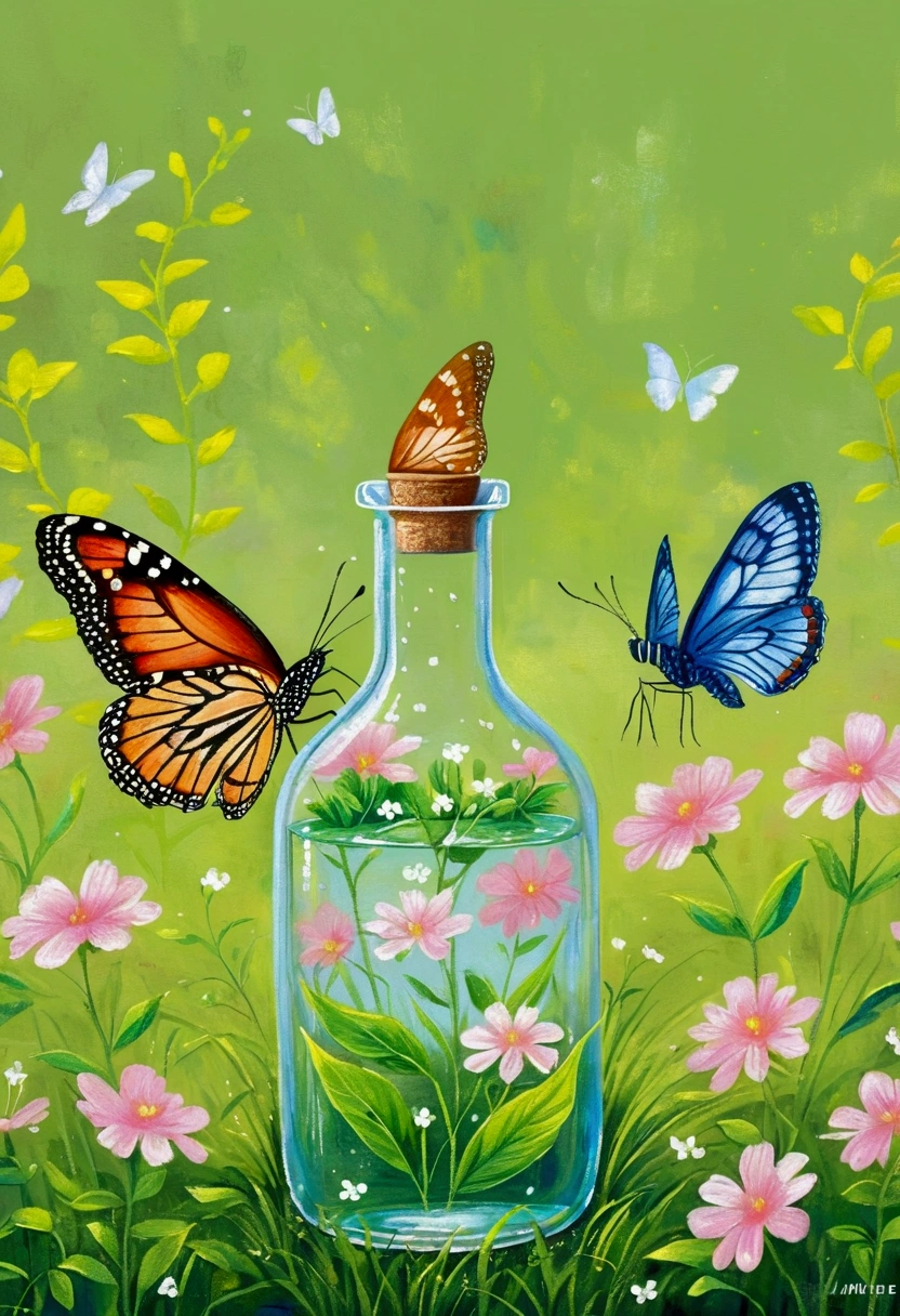 A painting,Pastel Art。On the grass。A butterfly in a glass bottle。