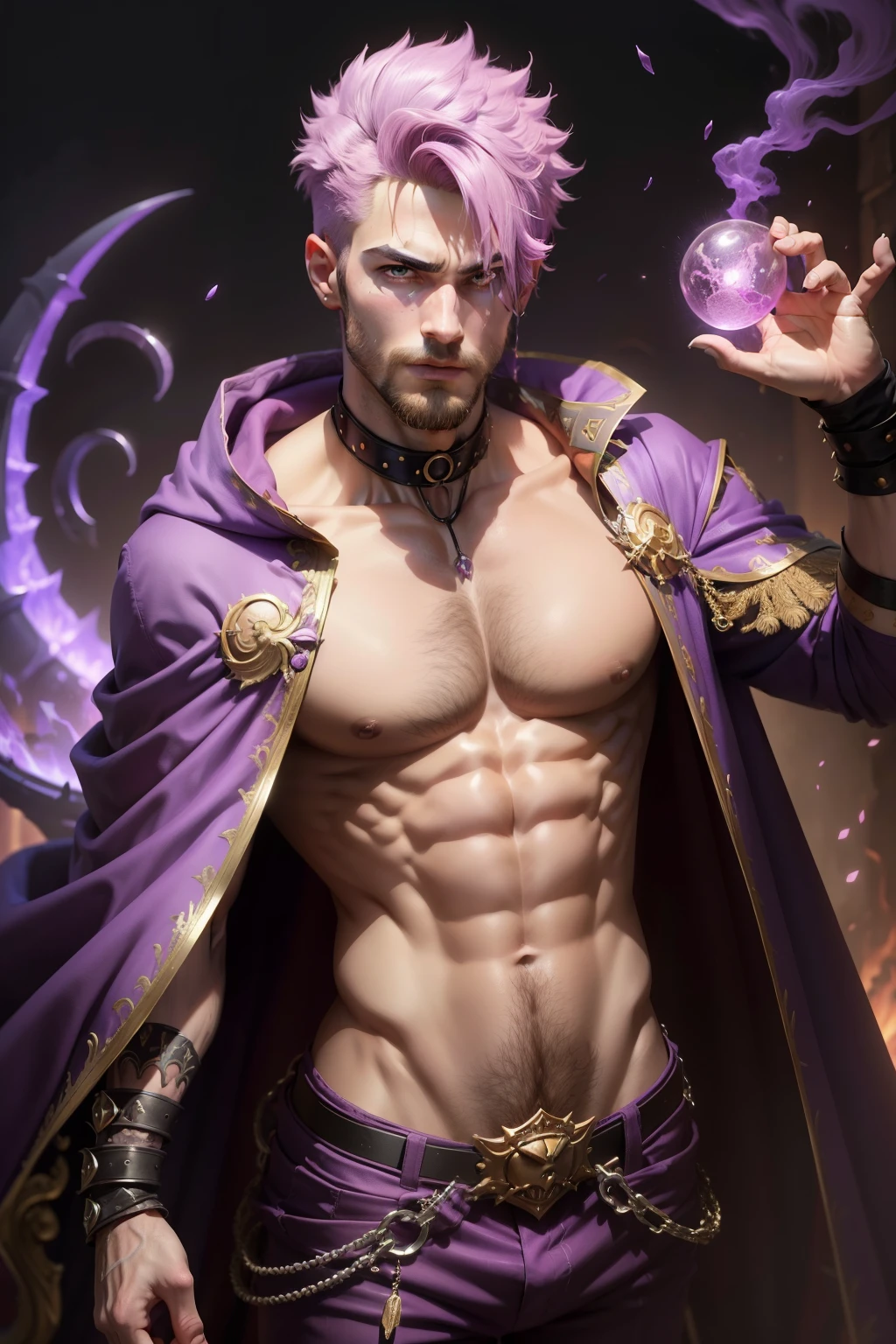 (8k,shipmentsrrealista shipments Maximum quality;1.4) (ung boy) Super cute hairy torso of the king of the underworld (lifelike face) (Short Faux Hawx Hair Purple and Pink Hair) slenderbody Muscular and macho Purple and pink aristocratic costume with big purple eyes Fangs peeking out of the mouth Pointed claws a seductive gaze Beautiful expression A hyper-realistic (King of the Underworld) appealing (real looking skin) super high resolution high détail Purple and pink luxury pants Purple and pink aura emanating from the body effect purple and pink cloak