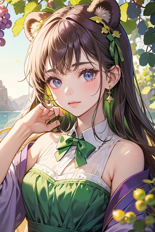 A girl filled with green (possibly muscat) grapes with a single leaf sticking out, bear ears, and a purple bow on one ear. SPARKLE; GLITTER