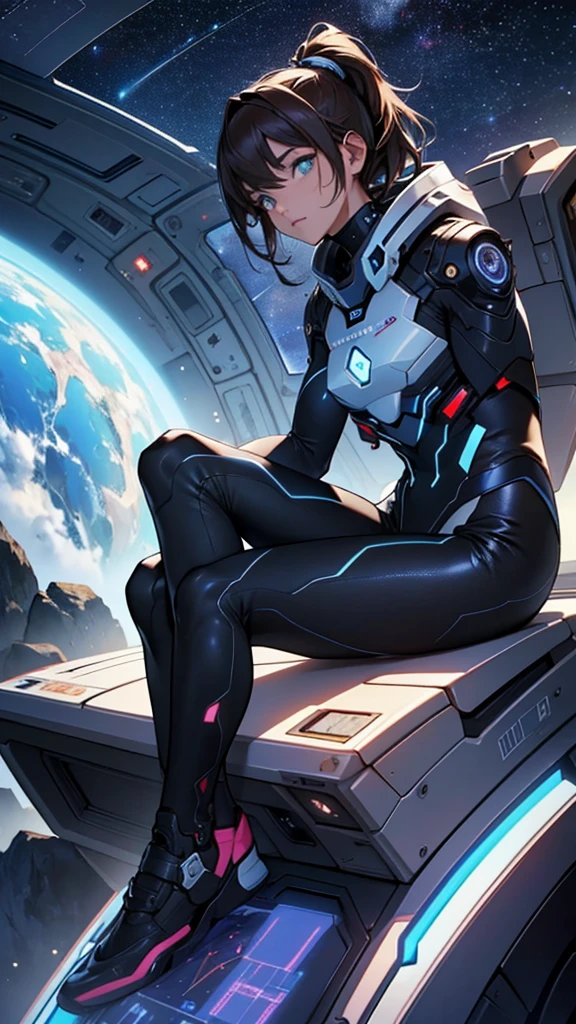 1 girl with 1 brown hair boy, Inside a spaceship, sitting en el Panel de control con caras de preocupación. In the background, a view of space with large meteorites, large rocks crossing near the ship, Maximum quality、animated landscape、Xin Haichen、building、camp,(zoom out:1.1),、ALLOWED、de la Maximum quality、masterpiece、cloud、showy、starry sky、performer、with mechanical manipulators, operate advanced holographic interfaces, Manipulate digital data and spacecraft controls with precision and ease, masterpiece, Best Quality, awesome face, symmetrical light eyes, detailed eyes and face, detailed body, shiny skin, detailed skin, sitting en sillas futuristas, Whole body, you can see his legs and arms, sitting, angle from side