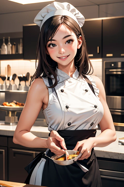 Highest quality　High resolution　simplification　French restaurant kitchen　Cute chef girl　smile　Chef&#39;s white coat　Chef&#39;s hat