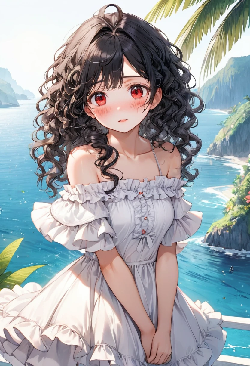 (Tropical resort style) (solo:2, 15 yo), (beautiful detailed curly:1.3) (best beauty black hair long hair) (cute princess girl, beautiful detailed red eyes, Troubled face, blushing), in a beautiful white Frilled off-shoulder dress, break, in the South Sea Island, background beautiful south ocean, BREAK, perfect anatomy, masterpiece, best quality, 16k, beautiful detailed grow, daydreaming expression.