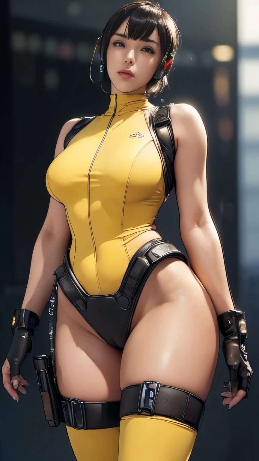 (A woman),(((A female special forces member stands))),((Yellow tactical High leg bodysuit:1.5)),((earphone:1.5)),((Tactical Holster:1.5)),(Gloves:1.5),(Serious:1.5),(Super short hair:1.5),(bionde:1.5),(beautiful eyes:1.3),(Very detailedな顔:1.5),((Very detailed drawing of a female hand:1.5)),((muscular:1.5)),(Sexy appearance:1.5),((Thick thighs:1.5)),(Beautiful Body:1.5),((Very sensual:1.5)),(The backdrop is a futuristic city:1.5),(Cyberpunk atmosphere:1.5),(((Blurred Background:1.5))),(Written border depth:1.5),rest(((masterpiece:1.5),(best quality:1.5),(Very detailed:1.5),(high resolution:1.5),(Practical:1.5),(Practical:1.5),(Delicate depiction),(Carefully drawn))),8k,wallpaper