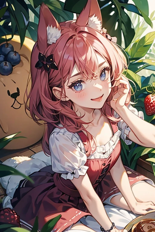 A girl with chocolate pudding or cream piled on top and a pair of dog ears, one of which is floppy. Piled on top is a raspberry, blueberry, a leaf, and a pink strawberry. He has a sideways smile with his tongue sticking out. SPARKLE; GLITTER