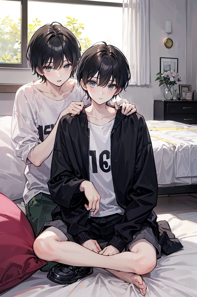 ((Older brother and younger brother))，Two boys with short hair，undersized clothes，and sit on the bed，Full body picture，