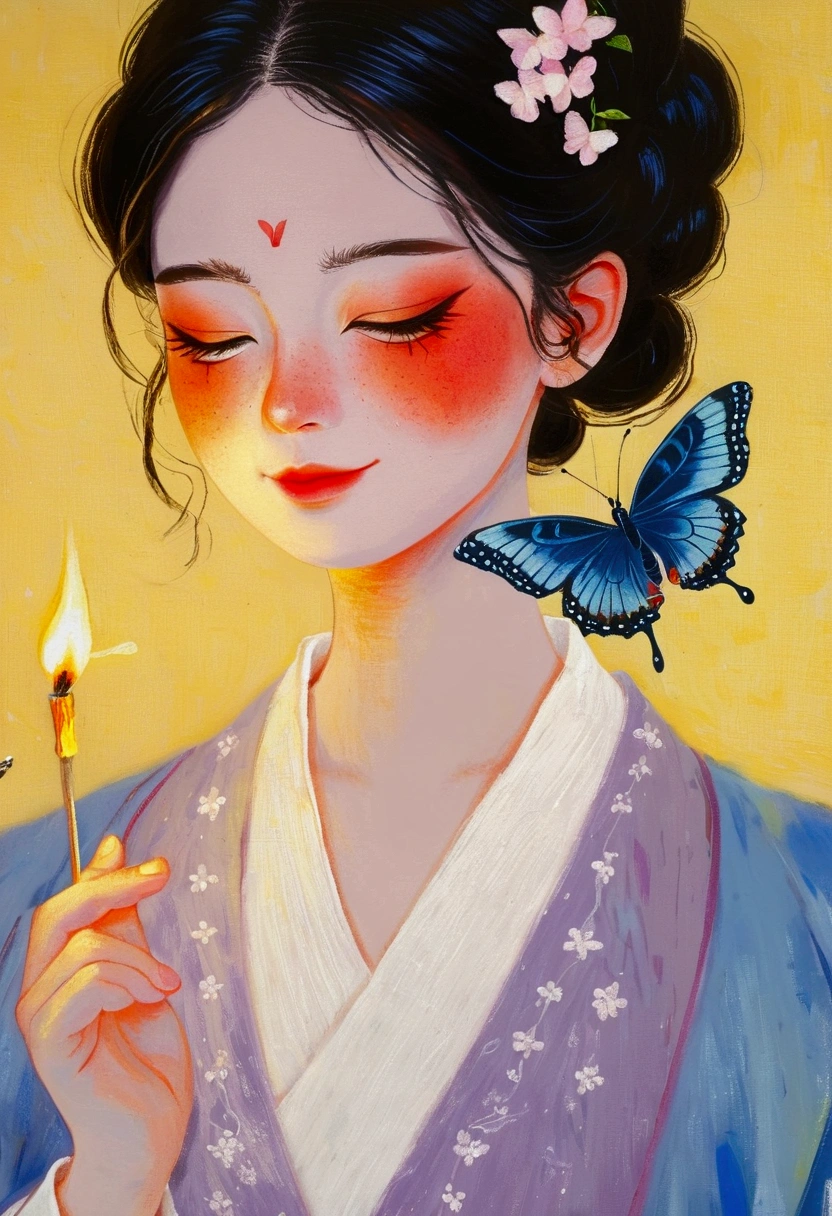 A painting,Pastel Art。A burning match and a butterfly。