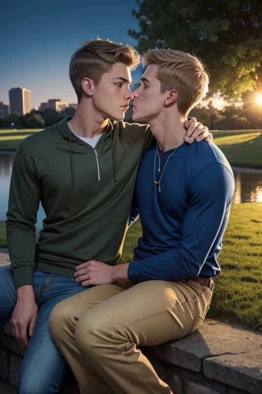 Two men, photo realistic. A 16-year-old, handsome, lean man with short-cut, blond hair and blue eyes, wearing a brown sweatshirt, and khaki pants, sitting in the lap of a 17-year-old, handsome, athletic, Caucasian man with short, shaved brown hair, and blue eyes, wearing a blue and yellow jersey, and jeans, kissing, groping each other, laying on a grassy field, by a pond in a large city park, at night. Masculine, erotic, sexy, romantic, love, huge bulge.