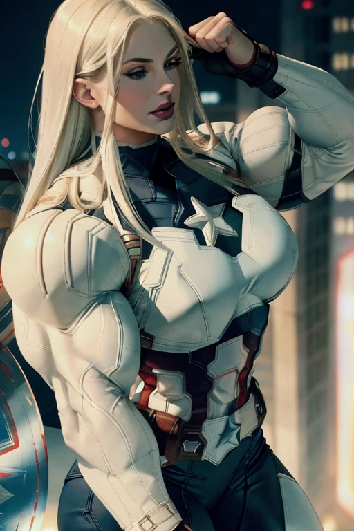 (((Close-up))), tall, (White hair) beautiful muscular woman, long straight hair, light brown skinned, closed smile, large breast, (black lipstick), (massive muscles), (hyper muscle), ((ginormous bulky muscles)), blue eyes, (((white captain America suit))), (Captain America pants), choker, boots, on the rooftop at night, 