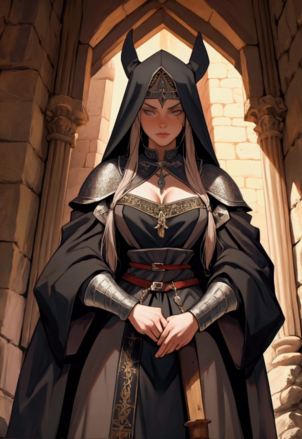 A medieval warrior in a castle surrounded by old witches