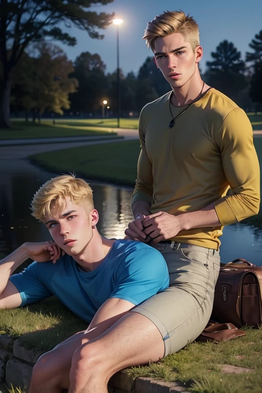 Two men, photo realistic. A 16-year-old, handsome, lean man with short-cut, blond hair and blue eyes, wearing a brown sweatshirt, and khaki pants, sitting in the lap of a 17-year-old, handsome, athletic, Caucasian man with short, shaved brown hair, and blue eyes, wearing a blue and yellow jersey, and jeans, kissing, groping each other, laying on a grassy field, by a pond in a large city park, at night. Masculine, erotic, sexy, romantic, love, huge bulge.