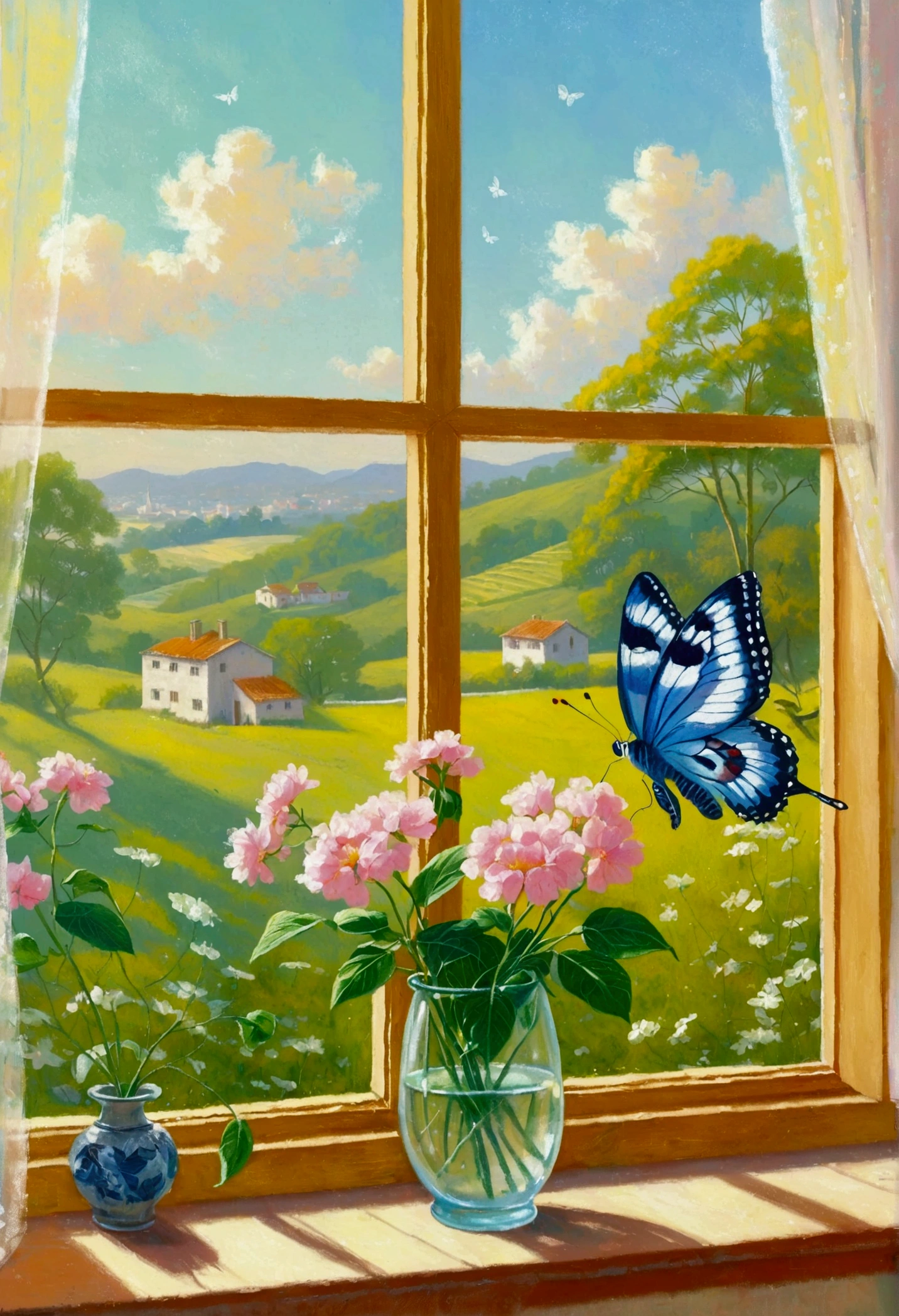 A painting,Pastel Art。Butterfly in the glass on the windowsill。