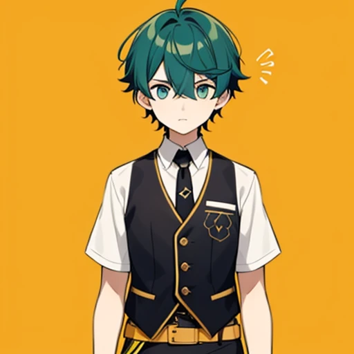 A boy has short teal hair, with strands that fall in a disorderly manner. His eyes are a vibrant yellow color.. He wears a black and white vest, with a yellow belt that highlights his slim and agile figure. It has brown horns.Love(Maximum clarity)