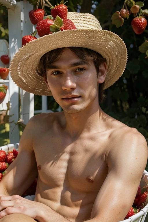 Young cute handsome white skinny face beautiful soft skin without shirt naked in a strawberry garden in a basket hat cute man's butt
