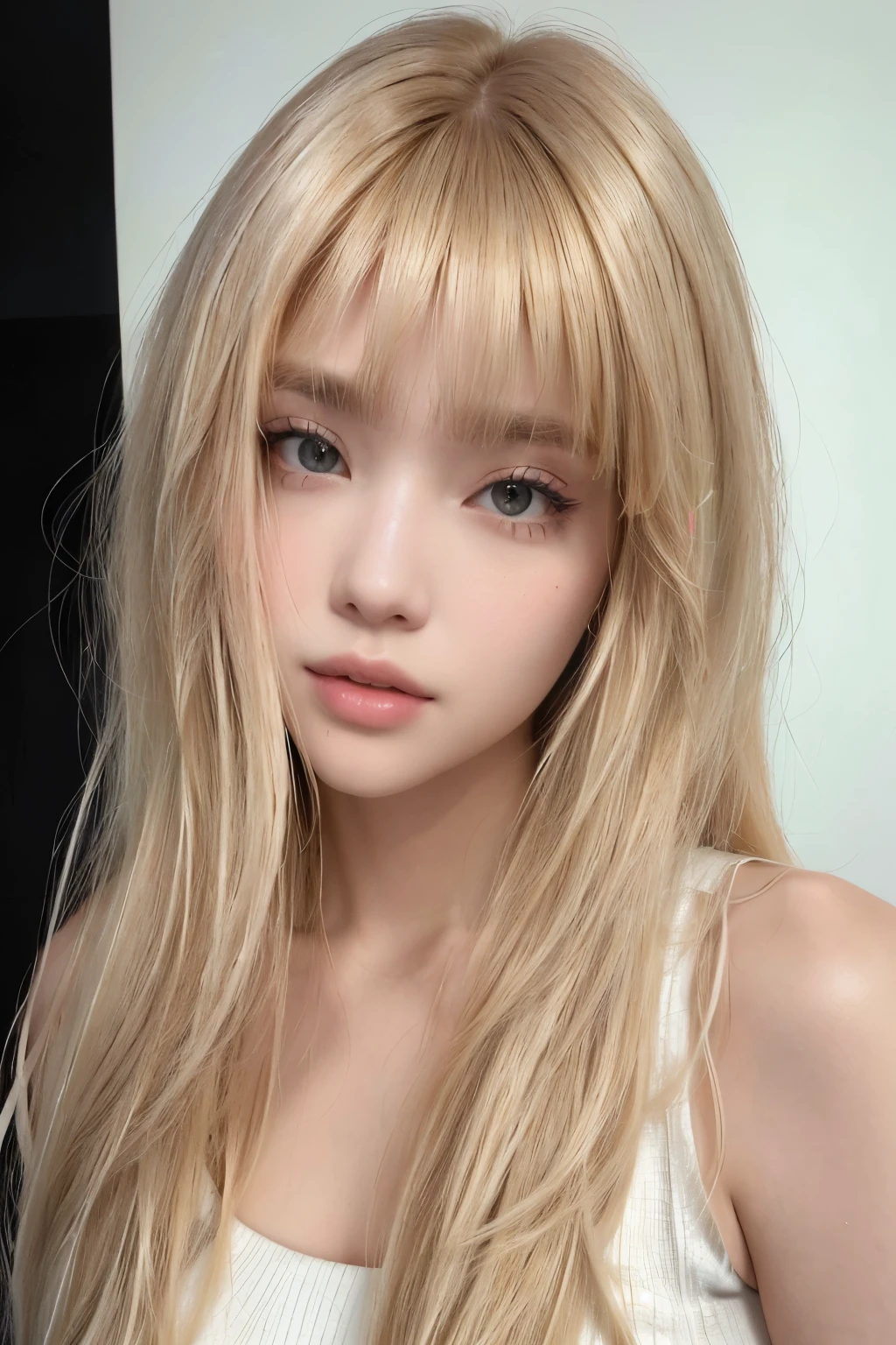 a close up of a woman with long blonde hair and Golpes, Lalisa Manobal, with full Golpes, with Golpes, neat hair with Golpes, long hair with Golpes, long hair with full Golpes, retrato de kim petras, white Golpes, franja recta, fluffy Golpes, full Golpes, straight Golpes, center parted Golpes, long straight Golpes, Golpes