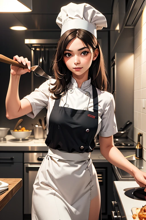 Highest quality　High resolution　simplification　French restaurant kitchen　Cute chef girl　Chef&#39;s white coat　Chef&#39;s hat