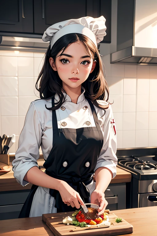Highest quality High resolution simplification French restaurant kitchen Cute chef girl Chef's white coat Chef's hat