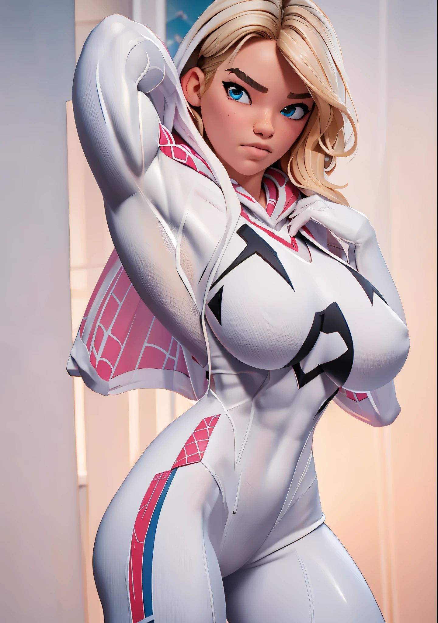 18yo SpiderGwen,White Spider-Man suit,short and wavy hair,blondehair,beautifulface,hoodie, action pose, lluvia,teto,The Masterpiece,exquisite detailing,detailed hands, detailed face, detailed lips, detailed nose, detailed eyes, Perfect anatomy,((((Huge Muscles)))), best qulity,ultra-highresolution,4k