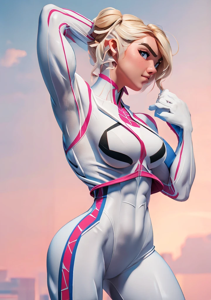 18yo SpiderGwen，White Spider-Man suit，short and wavy hair，blondehair，beautifulface，hoodie, action pose, lluvia，teto，The Masterpiece，exquisite detailing，detailed hands, detailed face, detailed lips, detailed nose, detailed eyes, Perfect anatomy，((((Huge Muscles)))),  best qulity，ultra-highresolution，4k