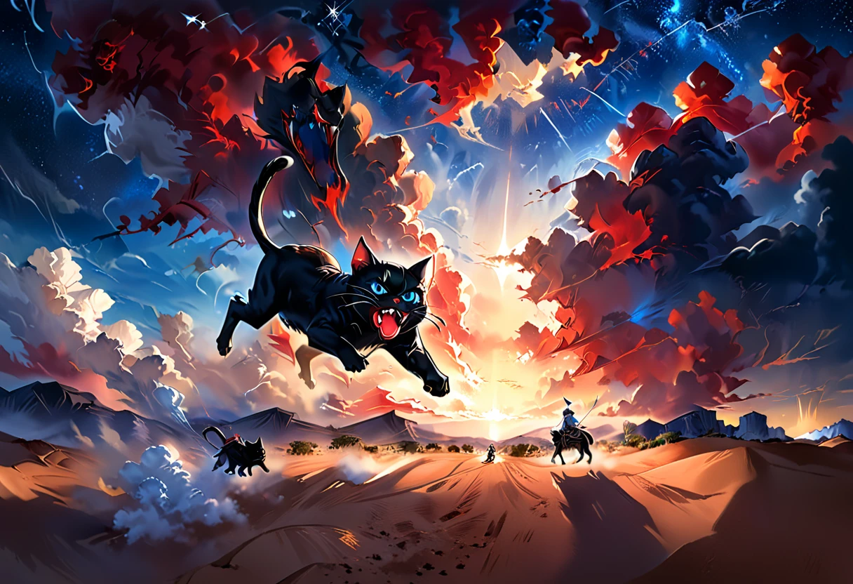 Suddenly, in the night sky above the desert, dark clouds gather, blotting out the clear starry sky. A huge black cat with shining blue eyes appears above the clouds, riding on a dark cloud floating in the air, opening its red mouth, and rays of light shoot out from its eyes, hitting the desert.