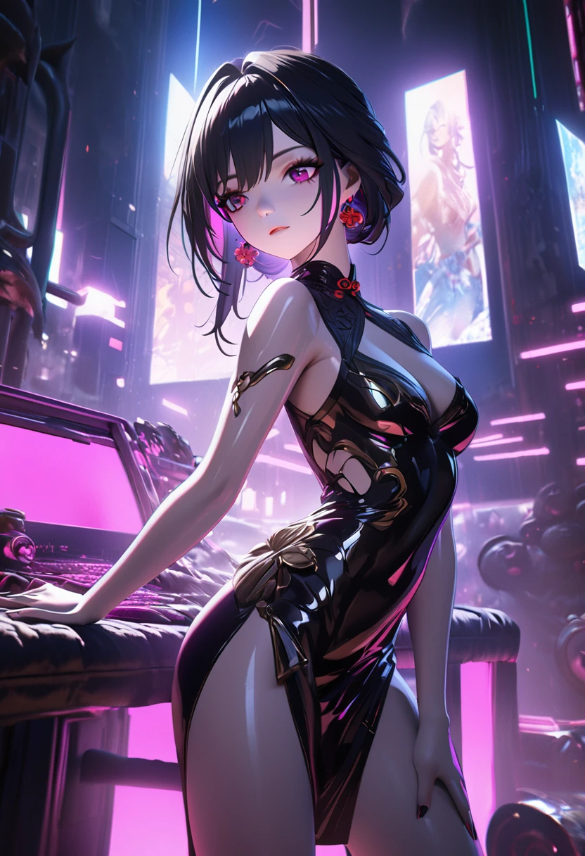 a beautiful young girl Ren Mei _(Honkai: Star Rail)_wearing a Chinese cheongsam dress, complex liquid metal skin, highly detailed facial features and exquisite facial features, porcelain skin, long black hair, elegant pose, dramatic lighting, cinematic composition, surrealism, 8K, photorealistic, masterpiece, high-end 3D rendering, award-winning concept art, Unreal Engine, octane rendering, atmospheric, volatile colors, dramatic lighting, neon cyberpunk tones, New Tokyo aesthetics