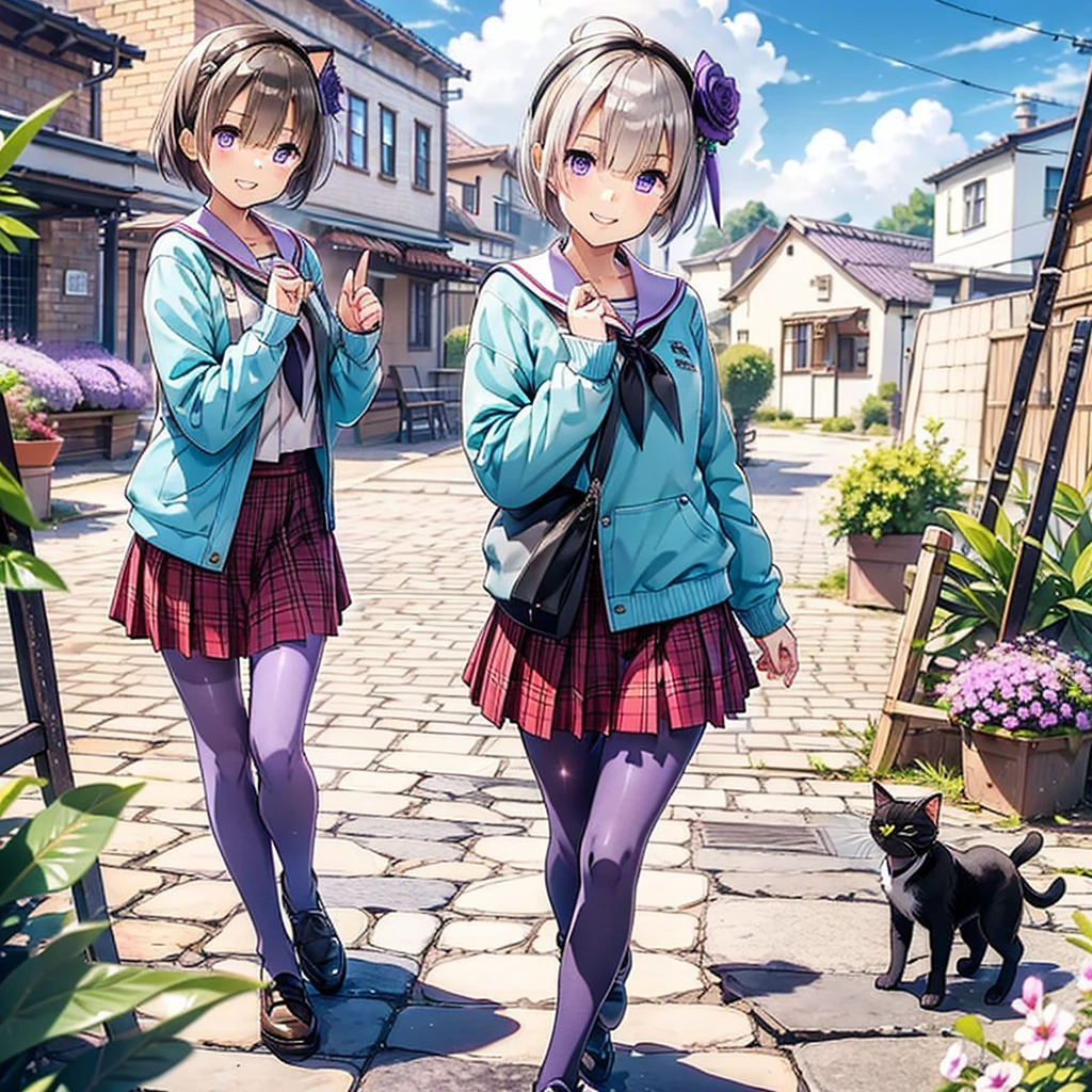 Absurd, Very detailed,Bright colors,(8k:1.5),Masseter region,Bright landscape, blue sky、Beautifully detailed face and eyes,(Purple eyes:1.4) 、Pink Skin、Summer Morning、Back alleys filled with flowers、(Cat Pose),smile,skirt、pantyhose、short hair、Plaidskirt、Plaid、Purple Eyes、、Ahoge、hair ornaments、loafers、プリーツskirt、白pantyhose、neckerchief、Serafuku、赤いskirt、Long sleeve、Sailor collar、Gray Hair、