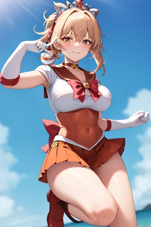 masterpiece, high definition, best quality, rendered art, well formed hands, fingers and body, 1 woman, solo, Yoimiya , adult, grown up, wearing Sailor Moon's outfit, big breasted, cleavage, full body, sexy sailor senshi uniform, short blue skirt, red boots, gorgeous hips, legs and thighs, blond, white elbow gloves, sailor collar, tiara, earrings, fighting in a combat match, showing her fighting skills, making her guard, about to hit the viewer, looking at the viewer, sweating, bouncing breasts, smiling joyfully and brightly, being confident and proud, action and fighting scene, fighting cage on beach environment.