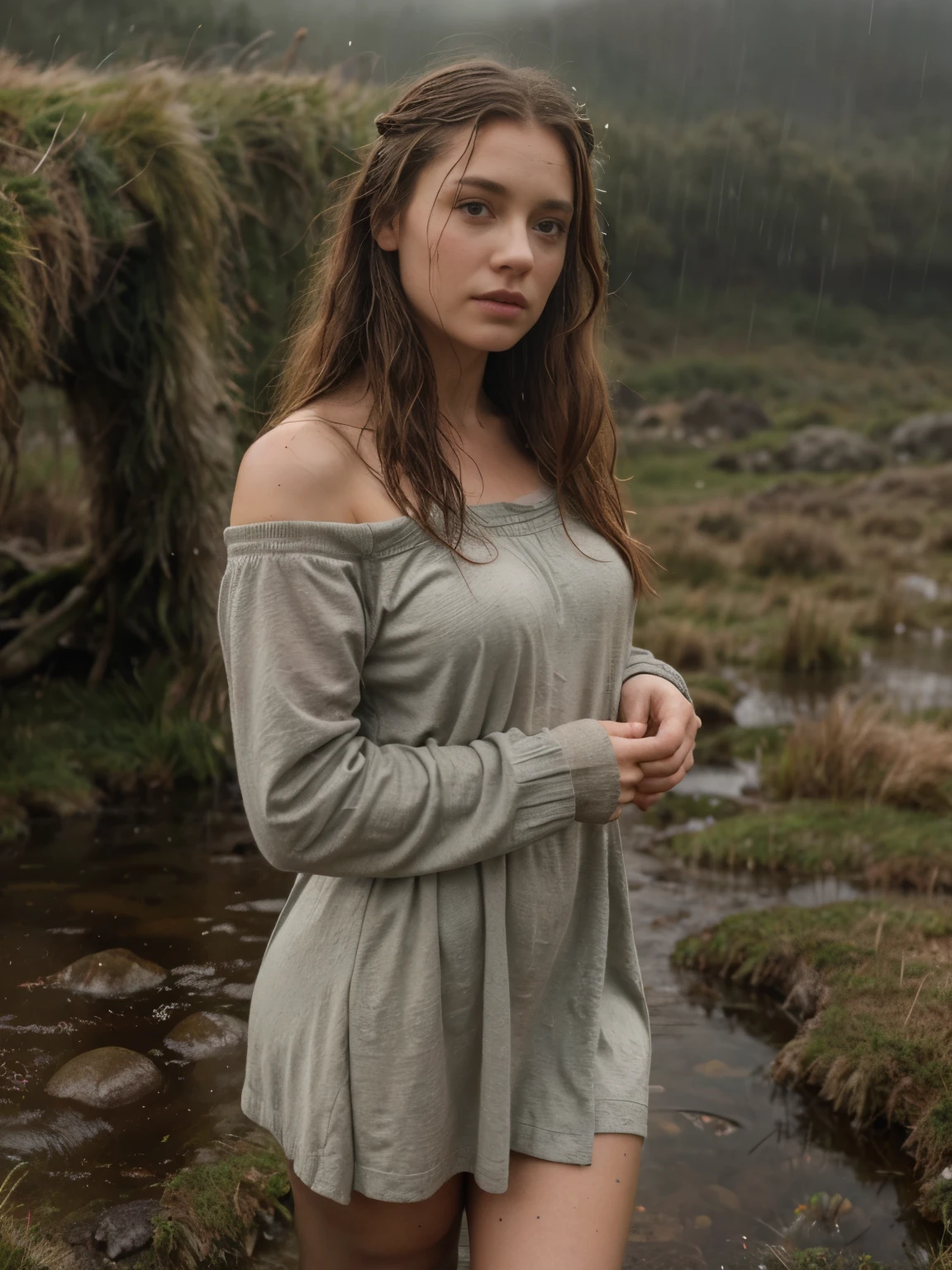 **A vivid and evocative scene featuring a beautiful 27-year-old Irish woman drenched by gentle rain, walking gracefully through the misty Connemara moor. She is dressed in dirty, torn clothes, including a long Irish dress and a sweater, with her attire soaked through. The rain-soaked fabric enhances the sensory experience of the scene, with droplets clinging to her and creating a texture of wetness. The ethereal ambiance of the moor and her resilient yet graceful presence amidst the natural beauty of the landscape are captured with enchanting allure. Her wavy ginger hair, shoulder-length and tousled by the wind, frames her face, while her gray eyes and pale skin with light freckles add to the mystical Irish vibe. The detailed setting includes muddy ground, scattered rocks, mist, and raindrops on leaves. The stormy sky is overcast with gray clouds, and the Connemara mountains provide a dramatic backdrop. The scene is depicted in high detail with natural lighting, capturing the complex textures and atmosphere of the moor, featuring wet grass, puddles, and peaty soil. The color palette includes gray, green, brown, white, black, yellow, blue, purple, red, orange, and tan, reflecting the varied natural elements like moss, heather, bracken broom, gorse, granite, quartz, and schist.** - Dirty, torn clothes - Long Irish dress - Sweater - Wet fabric - Mud - Rocks - Mist - Rain droplets - Moss - Heather - Grass - Puddles - Raindrops on leaves - Stormy sky - Wet hair - Damp earth - Gray clouds - Overcast - Mountain slopes - Rolling hills - Stone walls - Peaty soil - Bracken broom - Gorse - Granite - Quartz - Schist - Gray - Green - Brown - White - Black - Yellow - Blue - Purple - Red - Orange - Tan. dress and pantyhose