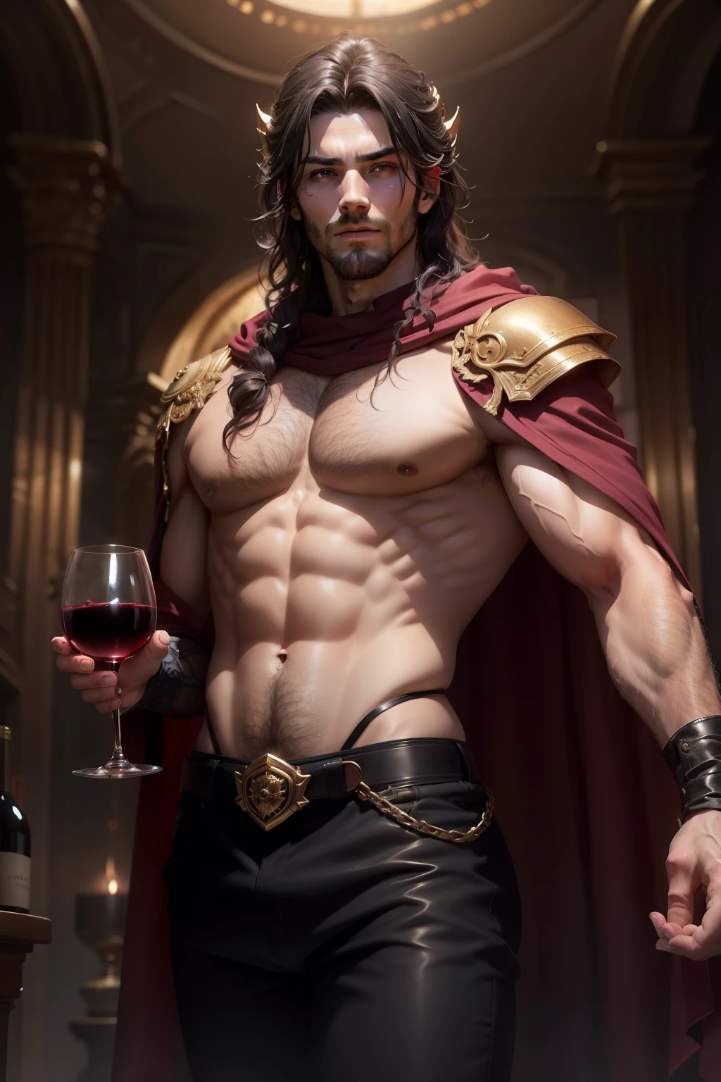 (8k,shipmentsrrealista shipments Maximum quality;1.4) (ung boy) Super cute hairy torso of the king of the underworld (lifelike face) (Hair to the side wine hair) slenderbody Muscular and macho Black and burgundy aristocratic costume with big burgundy eyes Fangs peeking out of the mouth Pointed claws a seductive gaze Beautiful expression A hyper-realistic (King of the Underworld) appealing (real looking skin) super high resolution high détail Black and burgundy luxury pants Aura of wine emanating from the body effect wine cloak