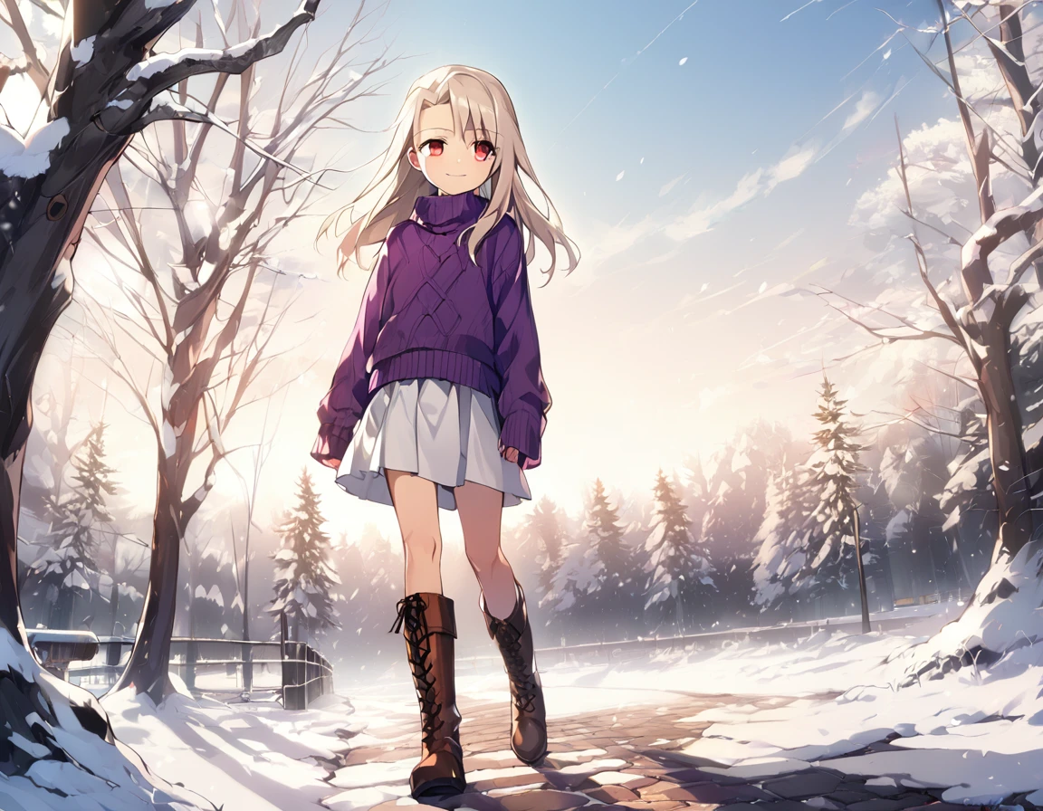 1girl(fate stay night, Illyasviel von Einzbern, cool, white long hair, red eyes, purple sweater, white skirt, leather boots, free hands, light smile)
