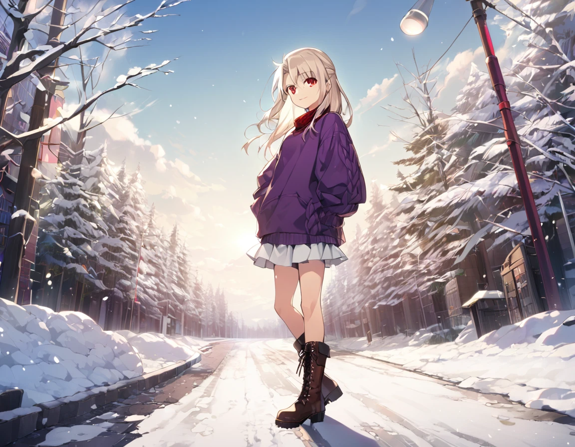 1girl(fate stay night, illyasviel von einzbern, cool, white long hair, red eyes, purple sweater, white skirt, leather boots, light smile), Winter Scenery