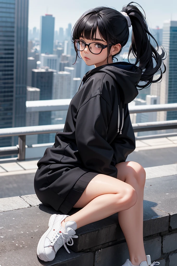 a girl with glasses and black hair sits on top of a ledge looking over the city, 1girl, solo, glasses, shoes, hood, blurry, blurry background, ponytail, sneakers, sitting, looking at viewer, rain, round eyewear, black hair, hood down, long hair, hoodie, long sleeves, depth of field, black-framed eyewear, bangs, night, from side, white footwear, outdoors, closed mouth, sidelocks