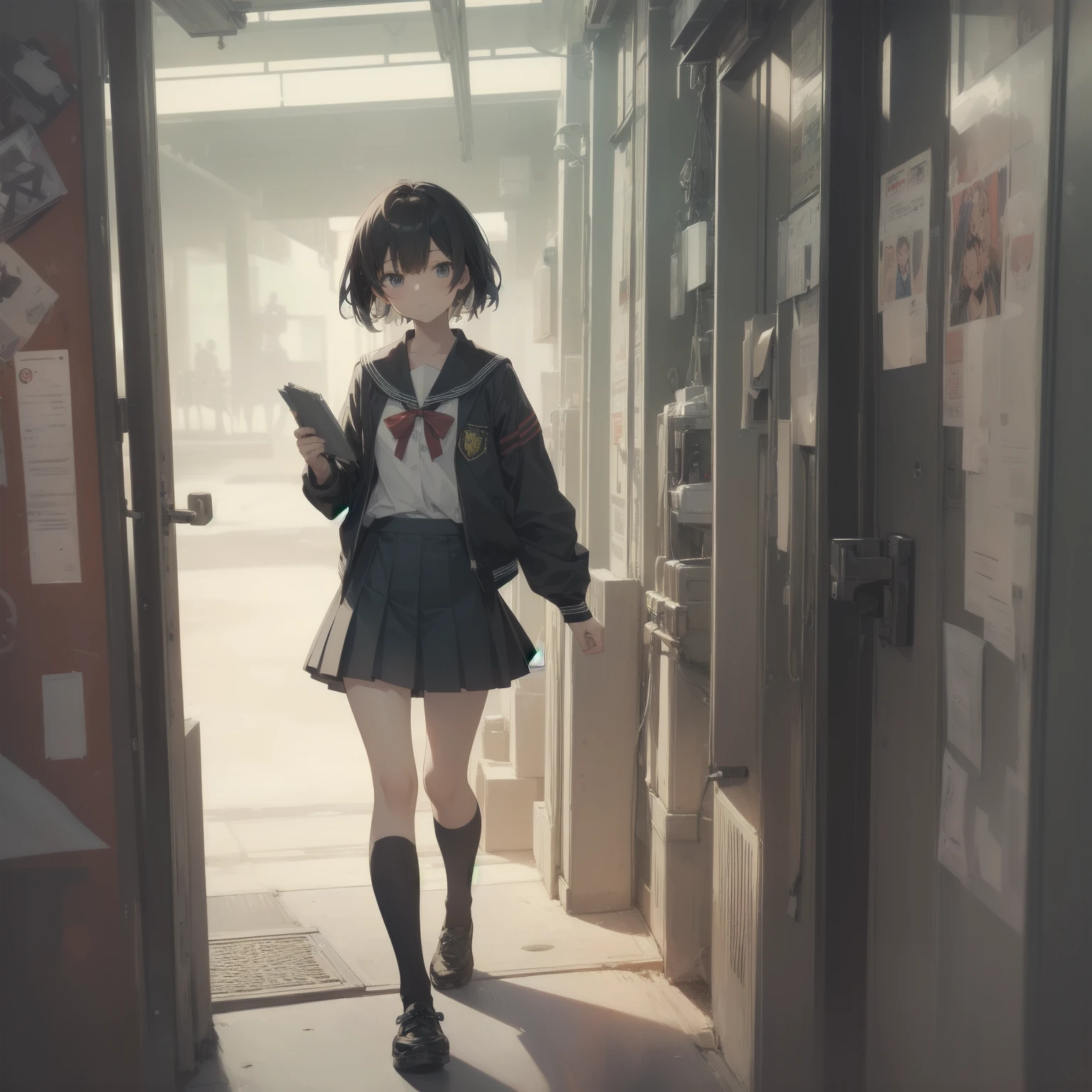 ultra-absurdres-Top quality by artist God, ultra-detailed, high resolution, anime moe artstyle, best anime 8k konachan wallpaper, pixiv contest winner, pool:2810, perfect anatomy,break, 1girl, (Please draw a girl walking sleepily to school alone. )break,(Solo,little female, 13-year-old:1.3),Full limbs, complete fingers,a junior high school student, (very short hair), short cut, flat chest, , small butt, small black eyes, beautiful detailed eyes, well-proportioned iris and pupils, expressive eyes, highres detailed hair, soft expression, salor school_uniform, sailor collar, serahuku, bow, pleated skirt,(Detailed Lighting), (Detailed background), in the School commute route. break,super detailed skin, Best cinematic lighting powered by famous artist, 8k,beauty illustration,photoshop_(medium),very aesthetic,break,((artist:fumihiko (fu mihi ko) )), artist:clamp ,artist:carnelian ,artist:kantoku ,