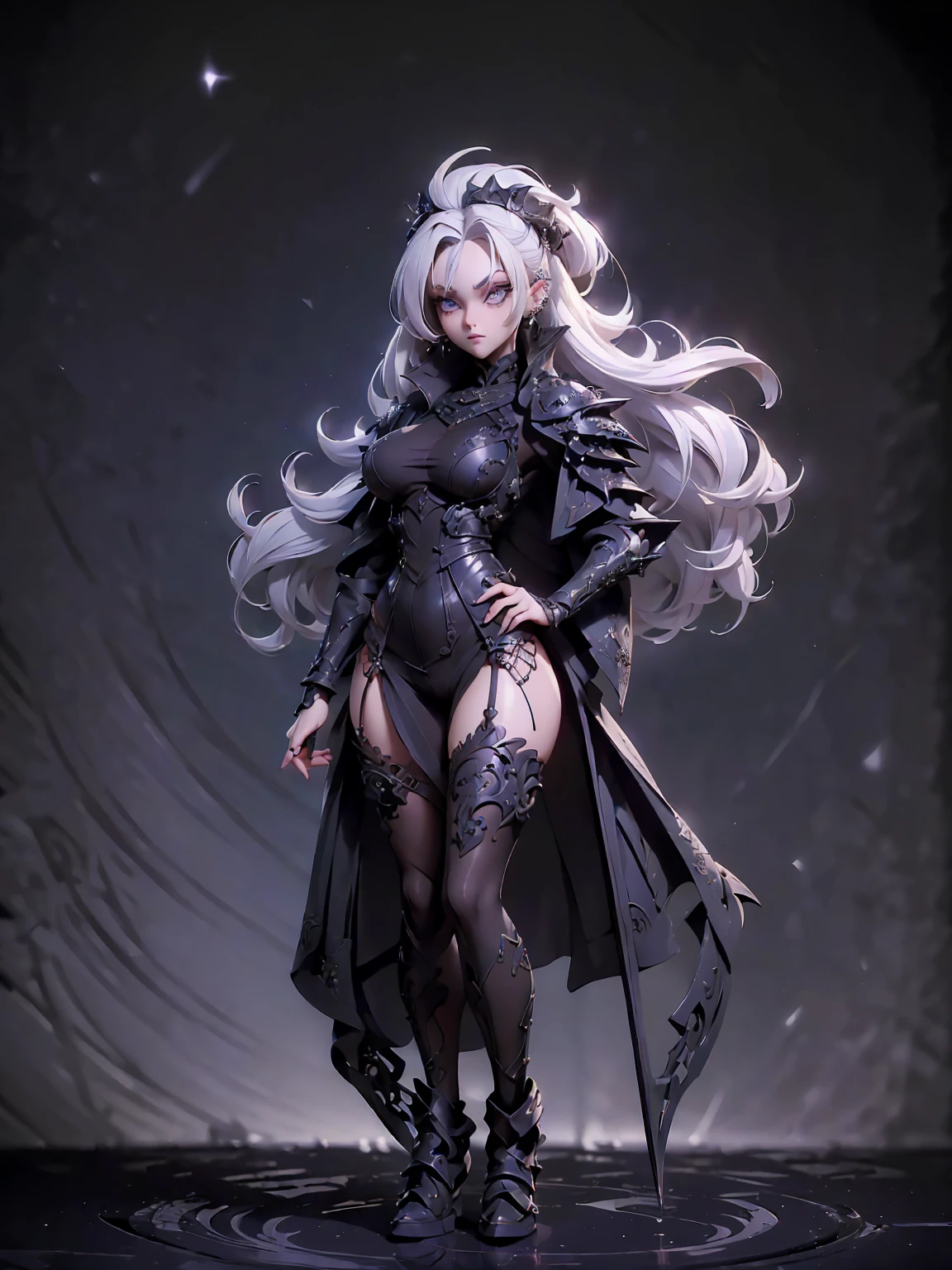(((masterpiece, best quality, high detailed, 16k))) (1girl) A breathtakingly beautiful young girl with short stylish white hair and piercing eyes. She wears a demonic armor in purple black and white. wields a large stylized scythe. ((full body front view)), (extremely detailed:1.5)