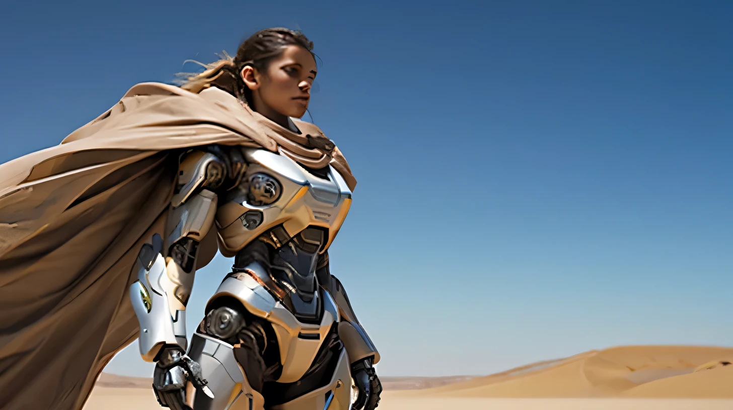 A beautiful dawn desert sand, warm, blue sky, as realistic background. A female cyborg standing in highest ground the rocky hill, her back facing camera,A female cyber - humanoid - Mech full body armor as a foreground standing toward the desert sand, backlighting on her, but her body have neon lights accent glowing even it backlights, with a long hair blowing in the wind, photo realistic generate on the A female cyber - humanoid - Mech full armor metal body.
