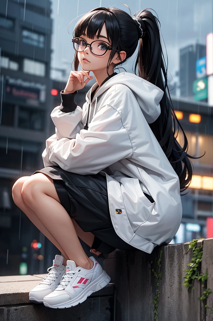 a anime girl sitting on a ledge in the rain wearing a black hoodie and glasses, 1girl, solo, glasses, shoes, hood, blurry, blurry background, ponytail, sneakers, sitting, looking at viewer, rain, round eyewear, black hair, hood down, long hair, hoodie, long sleeves, depth of field, black-framed eyewear, bangs, night, from side, white footwear, outdoors, closed mouth, sidelocks