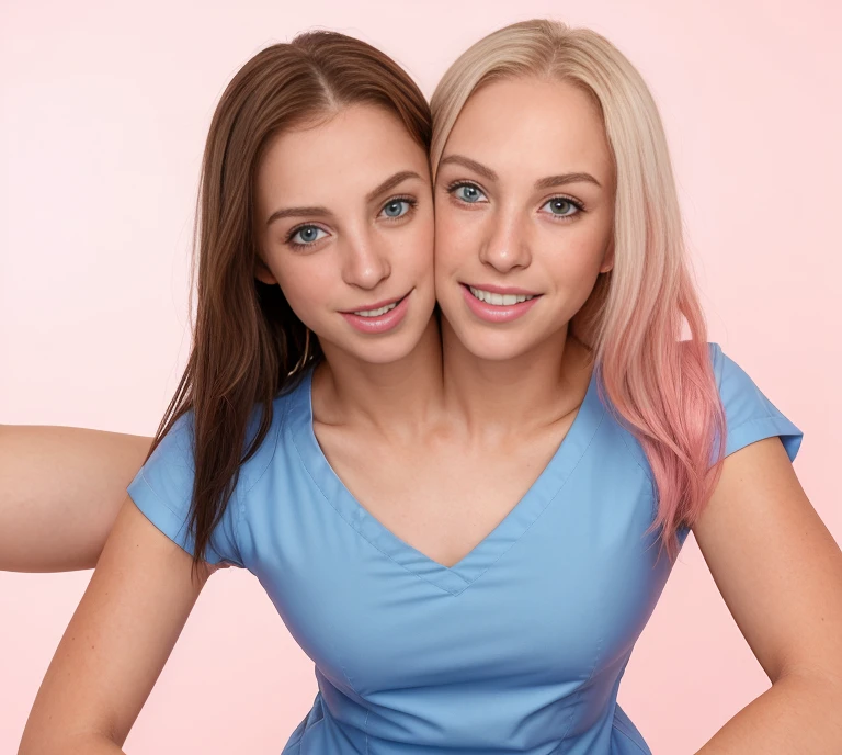 30-year-old dark skinned Nigerian woman named Biena and, her pale white American lover with icy blonde hair named Estella, dental assistants, hygienists, very feminine, (hugging each other tight, squishing their bodies together, slow dancing, hanging in her arms, flowing together, leaning on each other), gazing at each other, eyes averted, in love, lusting after each other, having sloppy sex together, (detailed dentist office background, dentist chair, photoshoot), (( Estella is a pale white American woman, icy blonde hair tied up in a pony tail, bangs over forehead, lots of freckles all over her body, red cheeks, red nose, eyeliner, white skin, slim body, fit body)), ((Biena is 30-year-old, sexy African woman, black short and straight hair, bangs, dark brown African skin, suntanned skin, black skin, onyx skin, ebony skin, tattoos on her body, thick thighs, slightly chubby)), ultra-realistic photo, feminine features, ((both have very different facial features, ethnicities, and skin colors)), ((wearing scrubs, dentist outfit, blue or pink)), conjoined, 2 heads, different heads, different skin colors, vitiligo, harsh mixing, clear boundary where skin color changes, smooth transition, contrasting skin colors